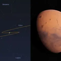 Mars na tle gwiazd, z zaznaczoną ścieżką ruchu, która ilustruje, co to retrogradacja.