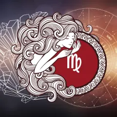 Symbol Panny, najczęstszy znak zodiaku, otoczony kryształami i kołem zodiaku.