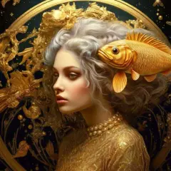 Złota ryba otacza głowę kobiety, symbolizując znak zodiaku Ryby.