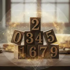 Drewniane klocki z cyframi tworzą piramidę, otoczone mistycznymi symbolami. Obok waga i zwój, sugerujące astrologię lub numerologię.