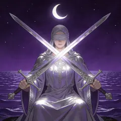 Postać w fioletowej szacie, z zasłoniętymi oczami, trzyma skrzyżowane miecze. Nad nią sierp księżyca, pod nią wzburzone morze. Symbolika 3 miecze tarot.