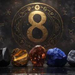 Pięć kamieni szlachetnych przed złotym znakiem astrologiczna 8.