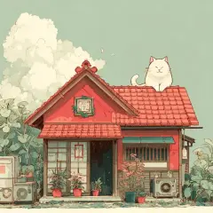 Uroczy biały kot siedzi na dachu czerwonego domu. Wokół rosną rośliny, a w tle widać chmury. To jakby 4 dom astrologia, gdzie kot strzeże tajemnic.