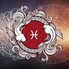 Znak zodiaku Ryby (od 19 lutego do 20 marca) przedstawiony jako dwie ryby w ozdobnej ramce, na tle koła zodiaku i kryształów.