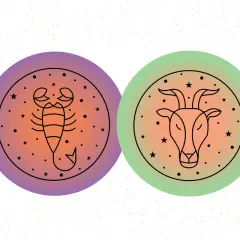 Dwa okręgi z symbolami zodiaku: po lewej skorpion, po prawej koziorożec, na tle gwiazd i gradientu.