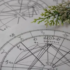 Kosmogram co to? Na papierze widoczne są astrologiczne wykresy z symbolami planet i znaków zodiaku, ozdobione gałązką.