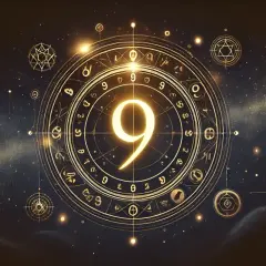 Złoty okrąg z cyfrą 9 w centrum, otoczony symbolami i planetami. To wizualizacja roku numerologicznego 9, pełnego kosmicznej mądrości.