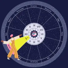 Osoba wskazuje na koło zodiaku, gdzie widnieją znaki zodiaku i planety.