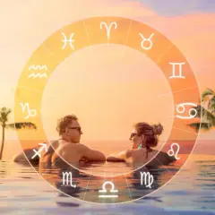 Para w basenie, otoczona znakami zodiaku. Mężczyzna i kobieta patrzą na siebie, a nad nimi koło zodiaku, gdzie widnieje symbol Ryb.