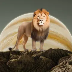 Majestatyczny lew stoi na skalistym szczycie, z Jowiszem w tle. Król zwierząt i król planet.