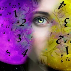 Twarz kobiety z liczbami i tarczami zegara. Dowiedz się, jak sprawdzić numerologię, odkrywając znaczenie liczb.