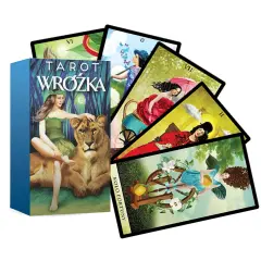 Karty Tarota Wróżka, w tym Koło Fortuny i 6 pentakli, z dziewczyną i lwem na pudełku.