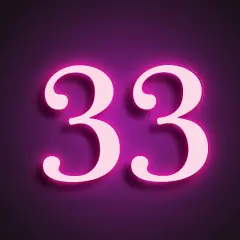 Lśniące cyfry 33 na fioletowym tle. Numerologiczna 6 z 33, symbolizująca mistrzowskie liczby.