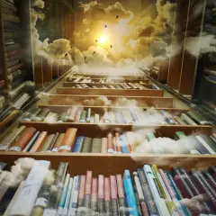 Książki na półkach biblioteki, z niebem i chmurami w tle. To jakby channeling wiedzy, która unosi się ku górze.