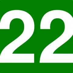 Zielony kwadrat z białymi cyframi 22. Numerologia 22 z dnia urodzenia symbolizuje mistrzostwo i intuicję.