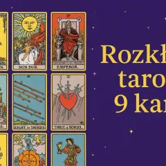 Rozkład tarot 9 kart: Mag, Słońce, Cesarz, Król Kielichów, Ósemka Mieczy, Trójka Mieczy. Czas na wróżbę.