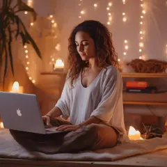 Kobieta z kręconymi włosami pracuje na laptopie w przytulnym, oświetlonym świecami pokoju. Czy to reika co to za miejsce?