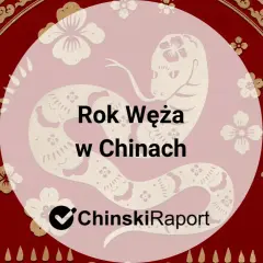 Wąż chiński znak zodiaku. Stylizowany wąż w okręgu z kwiatami, tekst "Rok Węża w Chinach" i logo "ChinskiRaport".