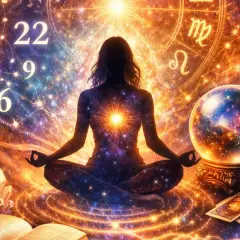Meditująca postać w kosmicznej przestrzeni, otoczona symbolami numerologii i astrologii. To wizualizacja roku numerologicznego 3, pełnego kreatywności i ekspresji.