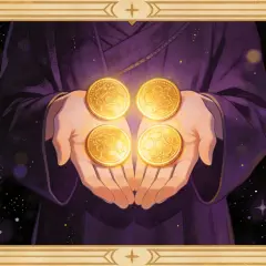 Dłonie trzymają cztery złote monety, symbolizujące stabilność i bezpieczeństwo. To karta 4 monet tarot.