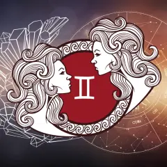 Znak Bliźniąt symbolizuje wodnika i bliźnięta związek, dwie twarze patrzące na siebie, otoczone kryształami i zodiakiem.