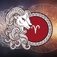 Stylizowany baran z symbolem zodiaku i kołem zodiaku, gdzie widać znaki baran i bliźnięta.