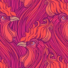 Wzorzyste tło z powtarzającymi się głowami kogutów, symbolizującymi koguta chiński znak zodiaku, w odcieniach czerwieni i różu.