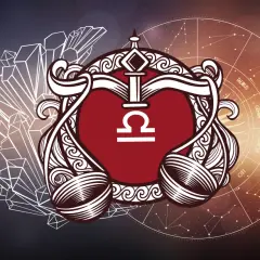 Symbol wagi z negatywnymi cechami Raka, otoczony kryształami i zodiakiem.