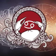 Symbol Raka, 22.07 znak zodiaku, otoczony kryształami i kołem zodiaku.