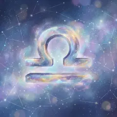 Symbol Wagi na tle kosmosu, z konstelacjami. Może symbolizować energię Marsa w 8 domu, poszukiwanie równowagi w głębokich transformacjach.