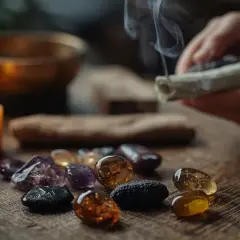 Dym z szałwii unosi się nad kamieniami i świecami, symbolizując oczyszczanie energetyczne biżuterii.