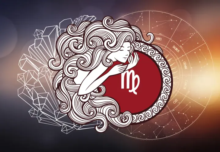 Symbol Panny, najczęstszy znak zodiaku, otoczony kryształami i kołem zodiaku.