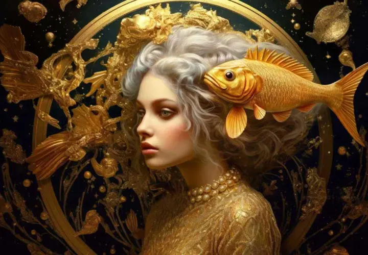 Złota ryba otacza głowę kobiety, symbolizując znak zodiaku Ryby.