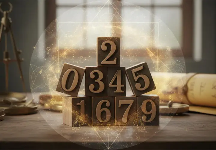 Drewniane klocki z cyframi tworzą piramidę, otoczone mistycznymi symbolami. Obok waga i zwój, sugerujące astrologię lub numerologię.