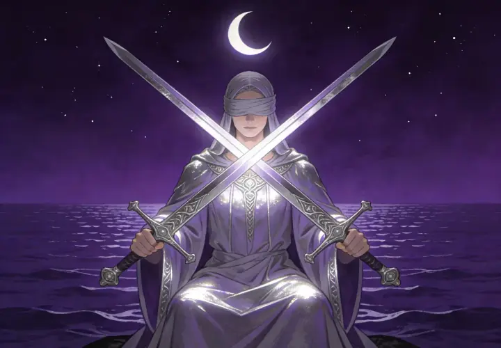 Postać w fioletowej szacie, z zasłoniętymi oczami, trzyma skrzyżowane miecze. Nad nią sierp księżyca, pod nią wzburzone morze. Symbolika 3 miecze tarot.