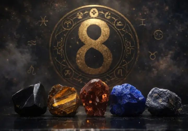 Pięć kamieni szlachetnych przed złotym znakiem astrologiczna 8.
