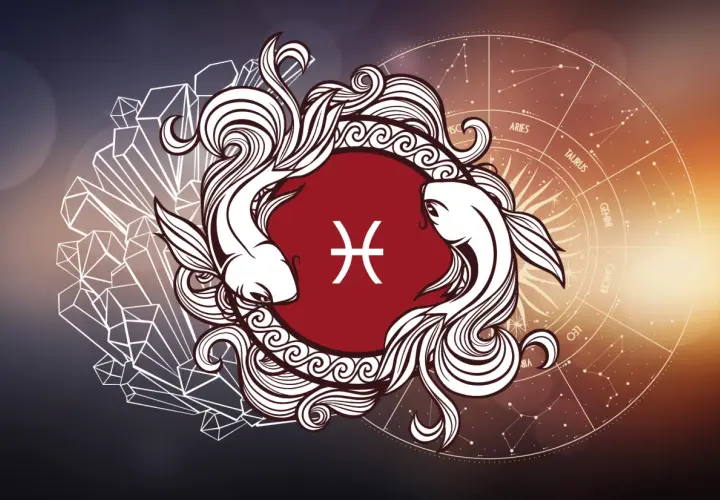 Znak zodiaku Ryby (od 19 lutego do 20 marca) przedstawiony jako dwie ryby w ozdobnej ramce, na tle koła zodiaku i kryształów.