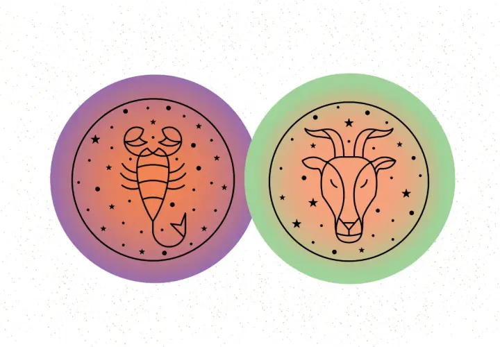 Dwa okręgi z symbolami zodiaku: po lewej skorpion, po prawej koziorożec, na tle gwiazd i gradientu.