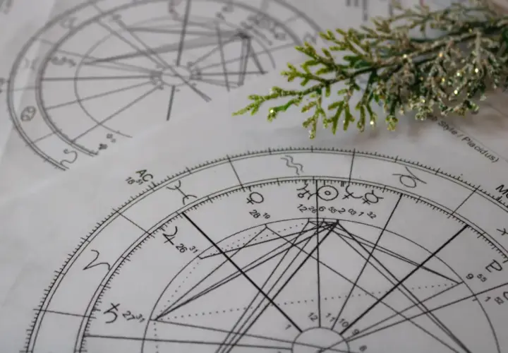 Kosmogram co to? Na papierze widoczne są astrologiczne wykresy z symbolami planet i znaków zodiaku, ozdobione gałązką.