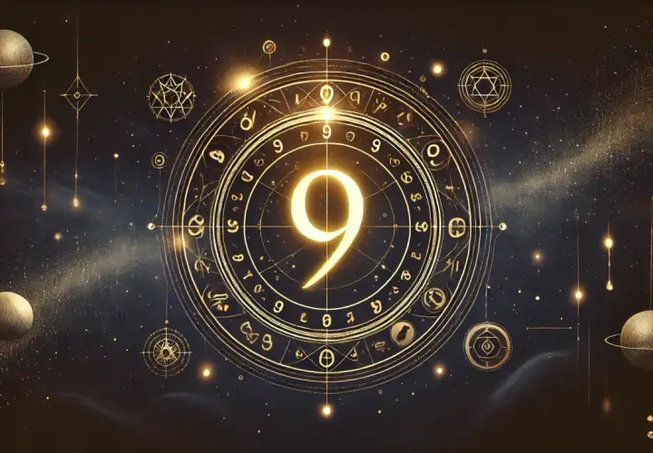 Złoty okrąg z cyfrą 9 w centrum, otoczony symbolami i planetami. To wizualizacja roku numerologicznego 9, pełnego kosmicznej mądrości.