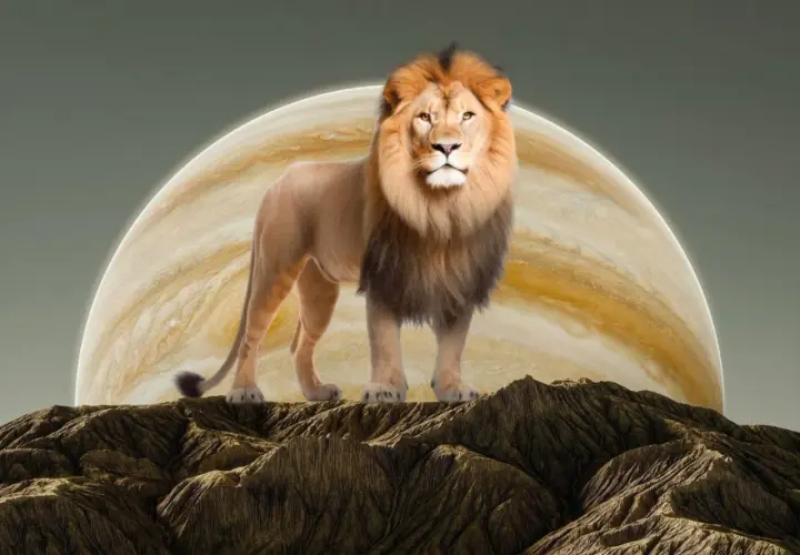 Majestatyczny lew stoi na skalistym szczycie, z Jowiszem w tle. Król zwierząt i król planet.