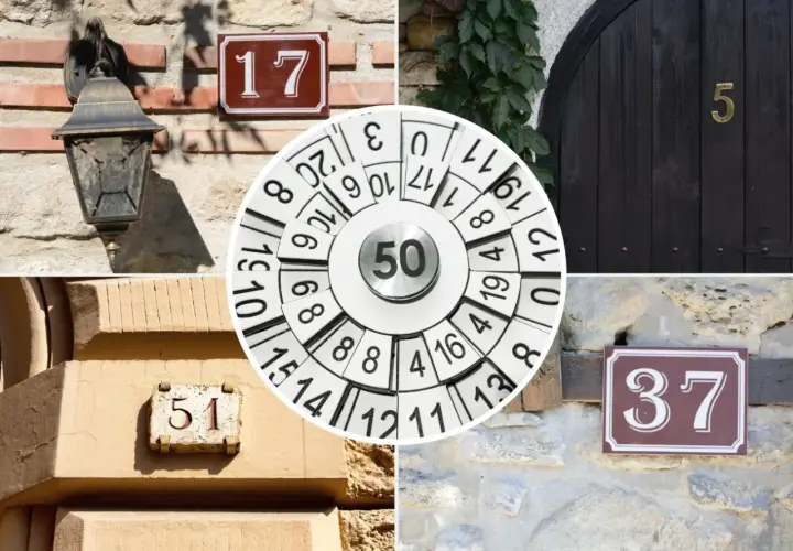 Numerologiczna 10 jako symbol szczęścia. Widoczne numery domów: 17, 5, 51, 37 i okrąg z liczbami, w tym 50.