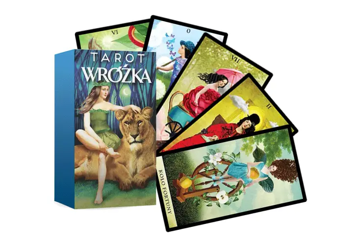 Karty Tarota Wróżka, w tym Koło Fortuny i 6 pentakli, z dziewczyną i lwem na pudełku.