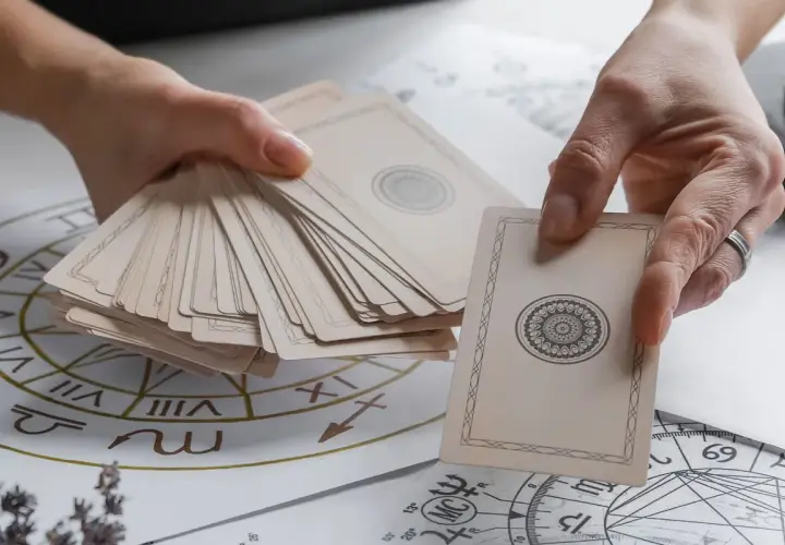 Dwie dłonie trzymają talię kart, jedna wybiera kartę z ozdobnym wzorem. W tle widać koło zodiaku, sugerujące wróżenie z kart tarot.