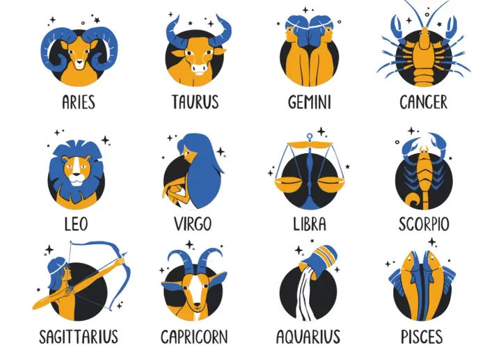 Ilustracje dwunastu znaków zodiaku: Barana, Byka, Bliźniąt, Raka, Lwa, Panny, Wagi, Skorpiona, Strzelca, Koziorożca, Wodnika i Ryb. Zastanawiasz się, jakim znakiem zodiaku jesteś?