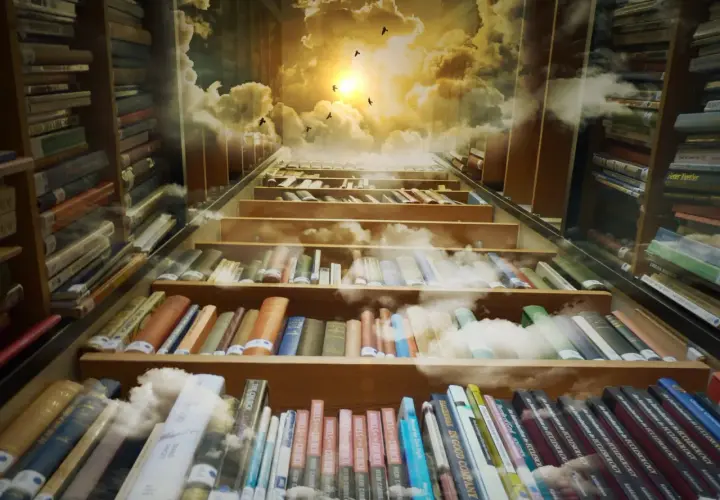 Książki na półkach biblioteki, z niebem i chmurami w tle. To jakby channeling wiedzy, która unosi się ku górze.