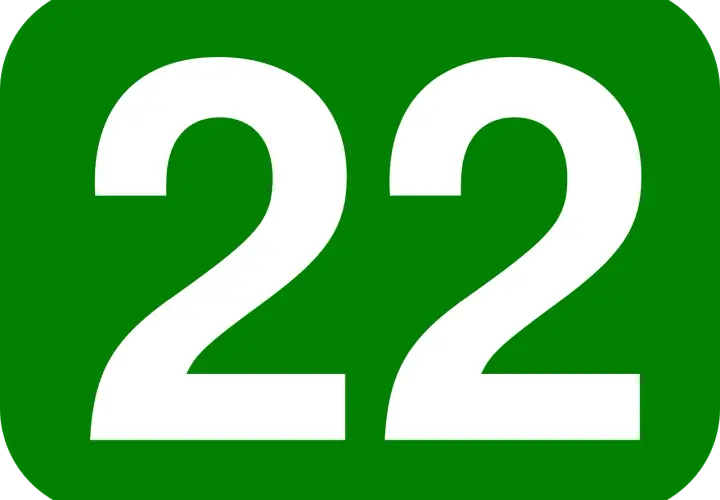 Zielony kwadrat z białymi cyframi 22. Numerologia 22 z dnia urodzenia symbolizuje mistrzostwo i intuicję.