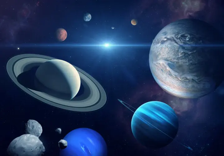 Merkury w Wodniku, wśród planet i asteroid, w otoczeniu gwiezdnego pyłu i odległych mgławic.