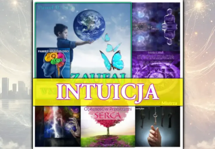 Chłopiec trzyma Ziemię, motyle. Obok grafiki o mózgu i prekognicja co to. Tytuł "INTUICJA".