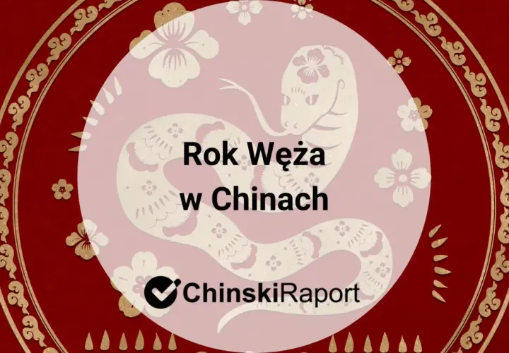 Wąż chiński znak zodiaku. Stylizowany wąż w okręgu z kwiatami, tekst "Rok Węża w Chinach" i logo "ChinskiRaport".